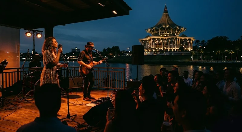 A live band performing on an outdoor stage at the Kuching Waterfront at dusk, with the Sarawak State Legislative Assembly building lit across the river.